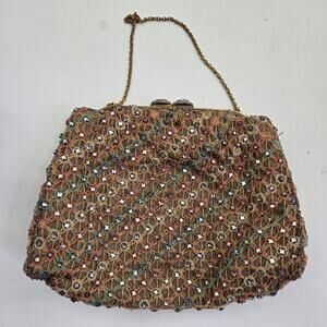 Vintage Small Tan Rainbow Chain Beaded Silk Lined Clutch Evening Glamour Bag